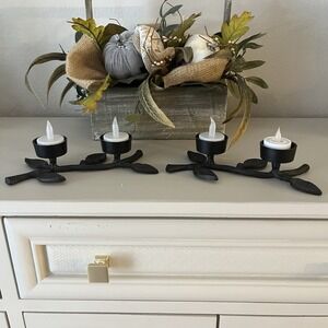 Pair Of Black Metal Branch Leaves Tea Light Candle Holder Candles not included